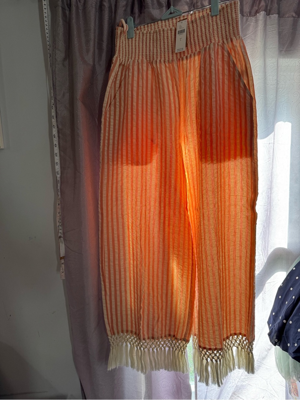 Anthropologie Orange and Cream Striped Wide-Leg Pants with Fringe